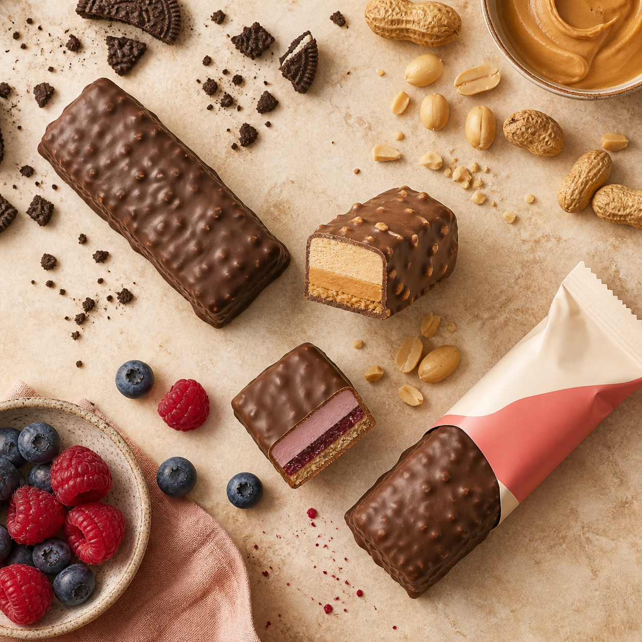 Barebells-style protein bars with chocolate, peanut butter, and berry flavor cues