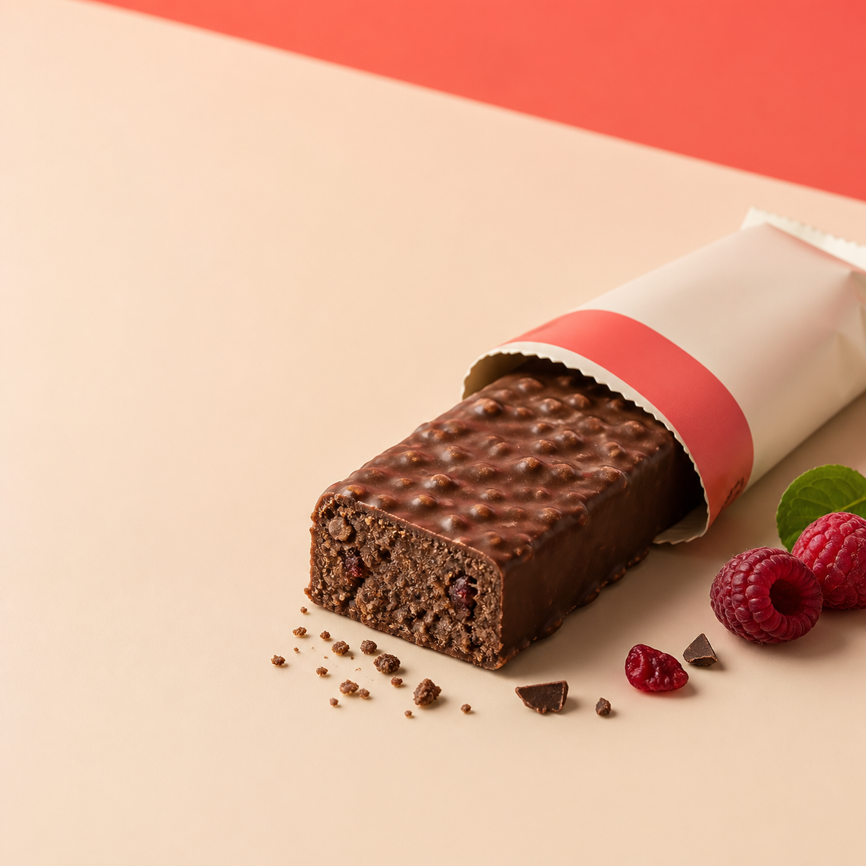 Chocolate Barebells-style protein bar with berry and cocoa details