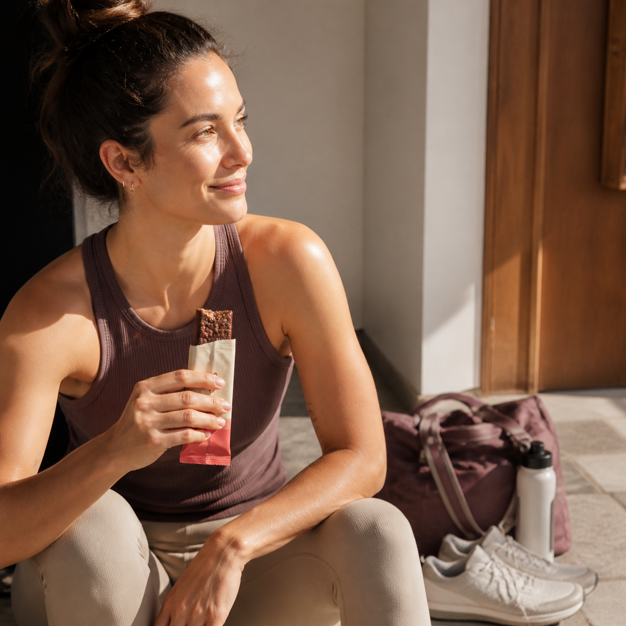Active adult enjoying a Barebells Protein Bar after a workout