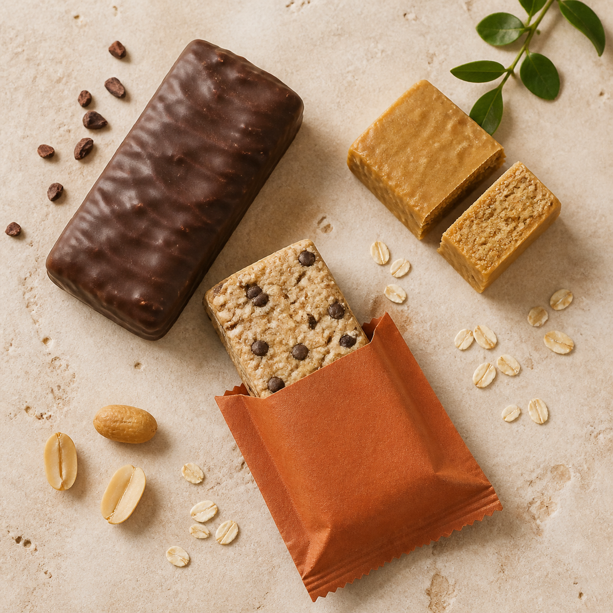 Three protein bars with chocolate, peanut butter, and cookie dough textures