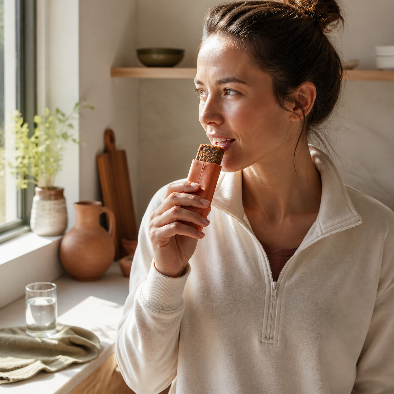 Person enjoying a David Protein Bar after an active day